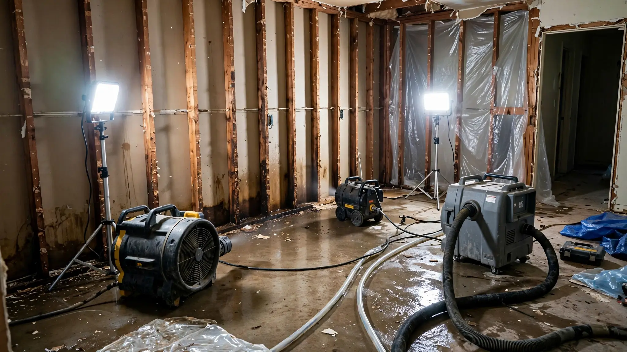 Air movers and dehumidifiers drying a water-damaged room