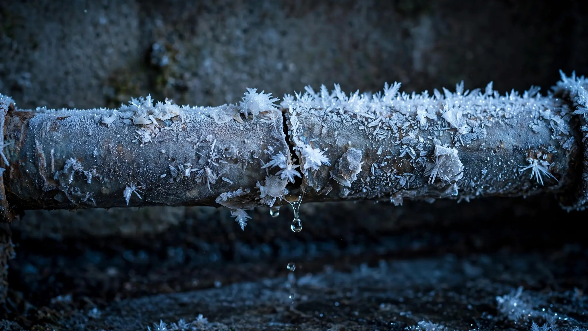 Frost forming on an exposed water pipe in winter